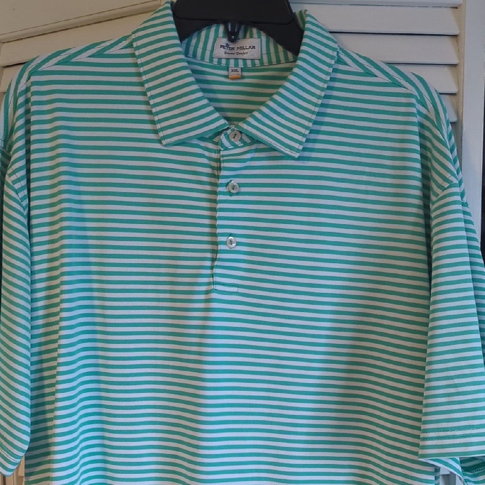 Peter Millar - Men's Striped Polo Shirt - Green and White Stripes XXL